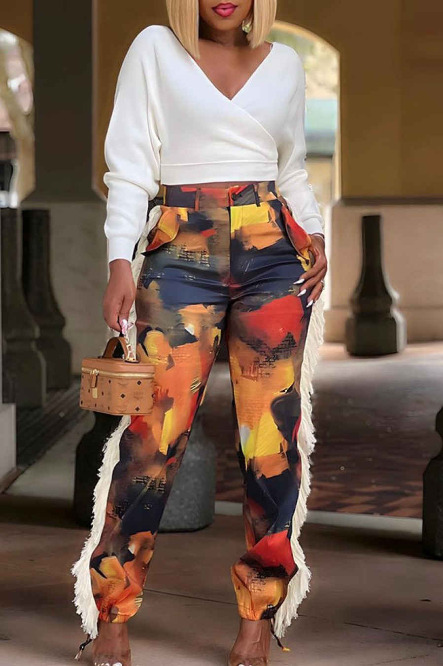 Bottoms female | Stylish Abstract Print Side Fringed Pants Multicolor