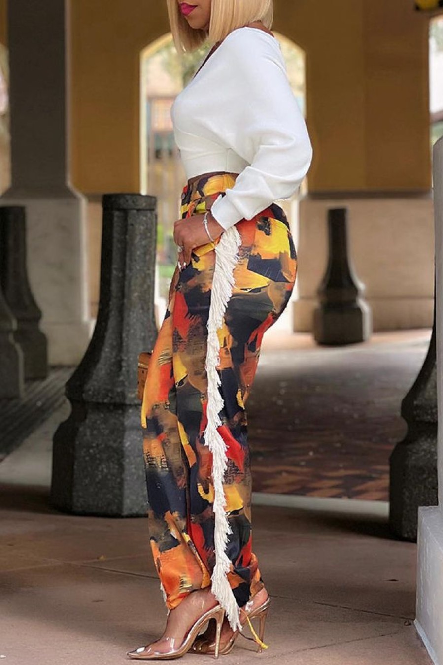 Bottoms female | Stylish Abstract Print Side Fringed Pants Multicolor