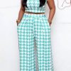 2-Pieces female | Fashion Houndstooth Print Round Neck Wide Leg Pant Suits