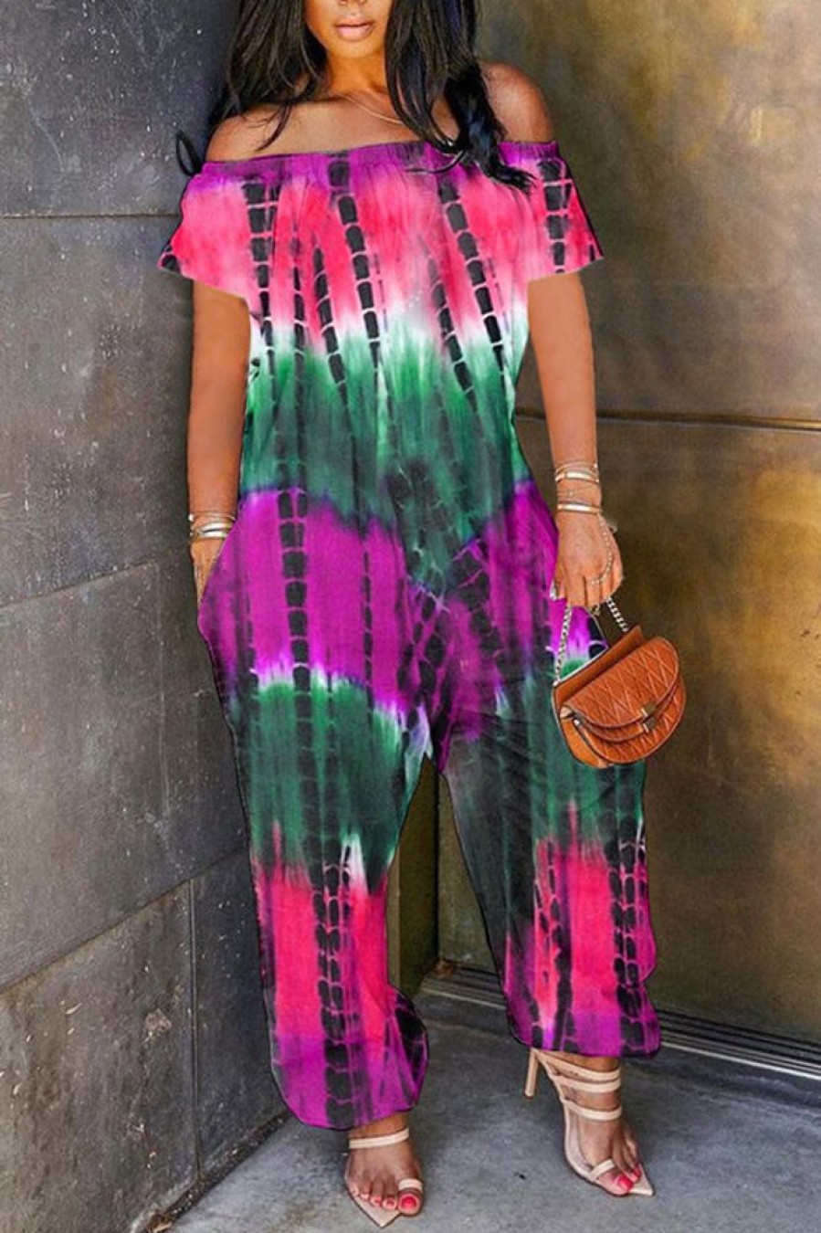 Jumpsuits & Rompers female | Off The Shoulder Tie Dye Jumpsuit