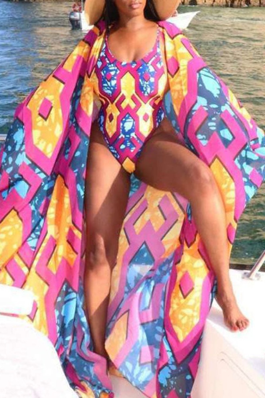 Swimwear female | Contrast Geometric Print One-Piece Cape Two-Piece Swimsuit Multicolor