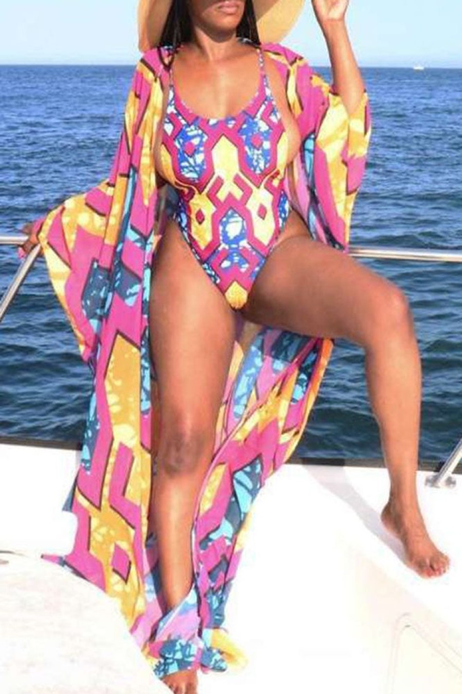 Swimwear female | Contrast Geometric Print One-Piece Cape Two-Piece Swimsuit Multicolor