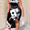 Dresses female | Chic Poker Print Slit Suspender Maxi Dress Black