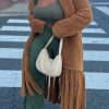 Tops & Outerwear female | Stylish Plush Solid Color Fringed Lace-Up Maxi Overcoat Coffee