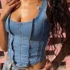 Tops & Outerwear female | Solid Color Zipper Stitching U-Neck Denim Vest Blue