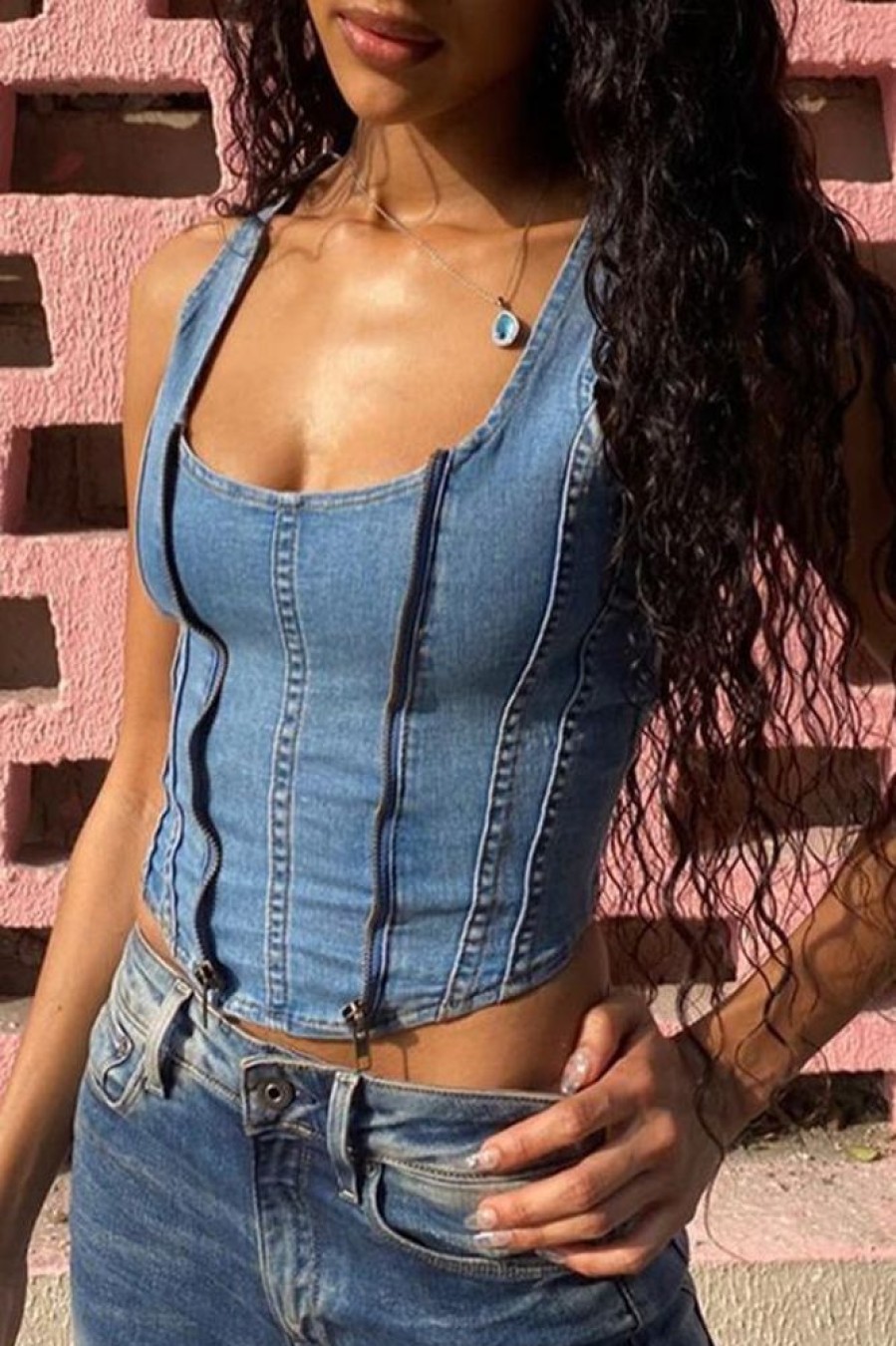 Tops & Outerwear female | Solid Color Zipper Stitching U-Neck Denim Vest Blue