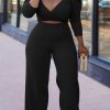 2-Pieces female | Solid V-Neck Puff Sleeve Two-Piece Pants Suit