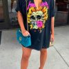 Tops & Outerwear female | On-Trend Skull Print Short Sleeve V-Neck Hole T-Shirt Black