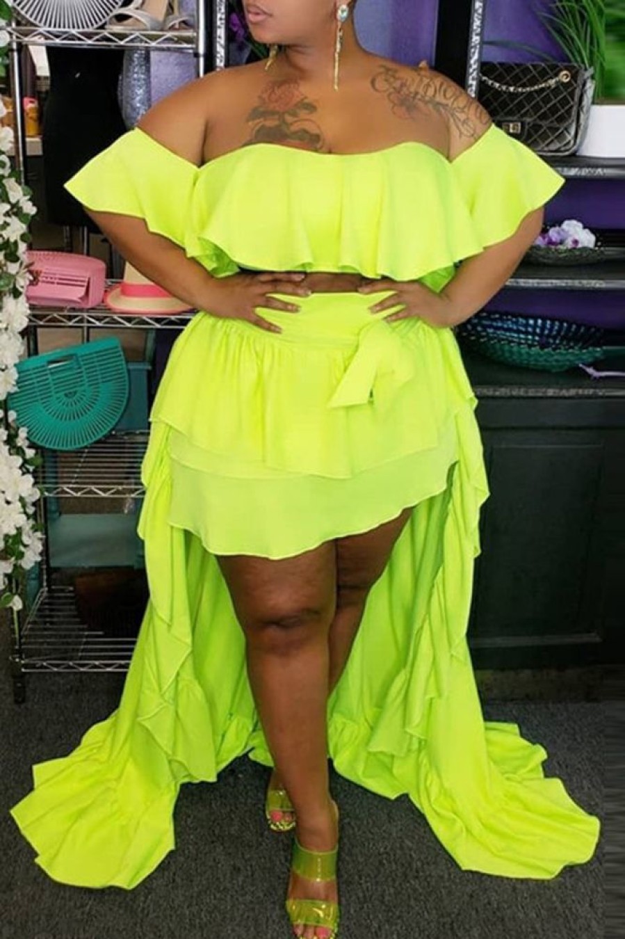 2-Pieces female | Fashion Plus Size Off Shoulder Ruffle Top Trailing Skirt Two Piece Suit Fluorescent Green