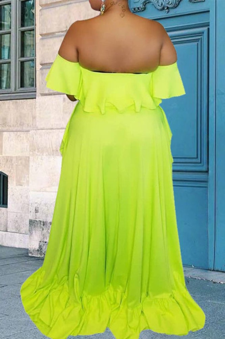 2-Pieces female | Fashion Plus Size Off Shoulder Ruffle Top Trailing Skirt Two Piece Suit Fluorescent Green