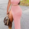 Dresses female | Sexy Waist Cutout Chain High Slit Slim Fit Short Sleeve Maxi Dress