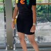 Dresses female | Fashion Round Neck Short Sleeve Printed Slim Mini Dress Black