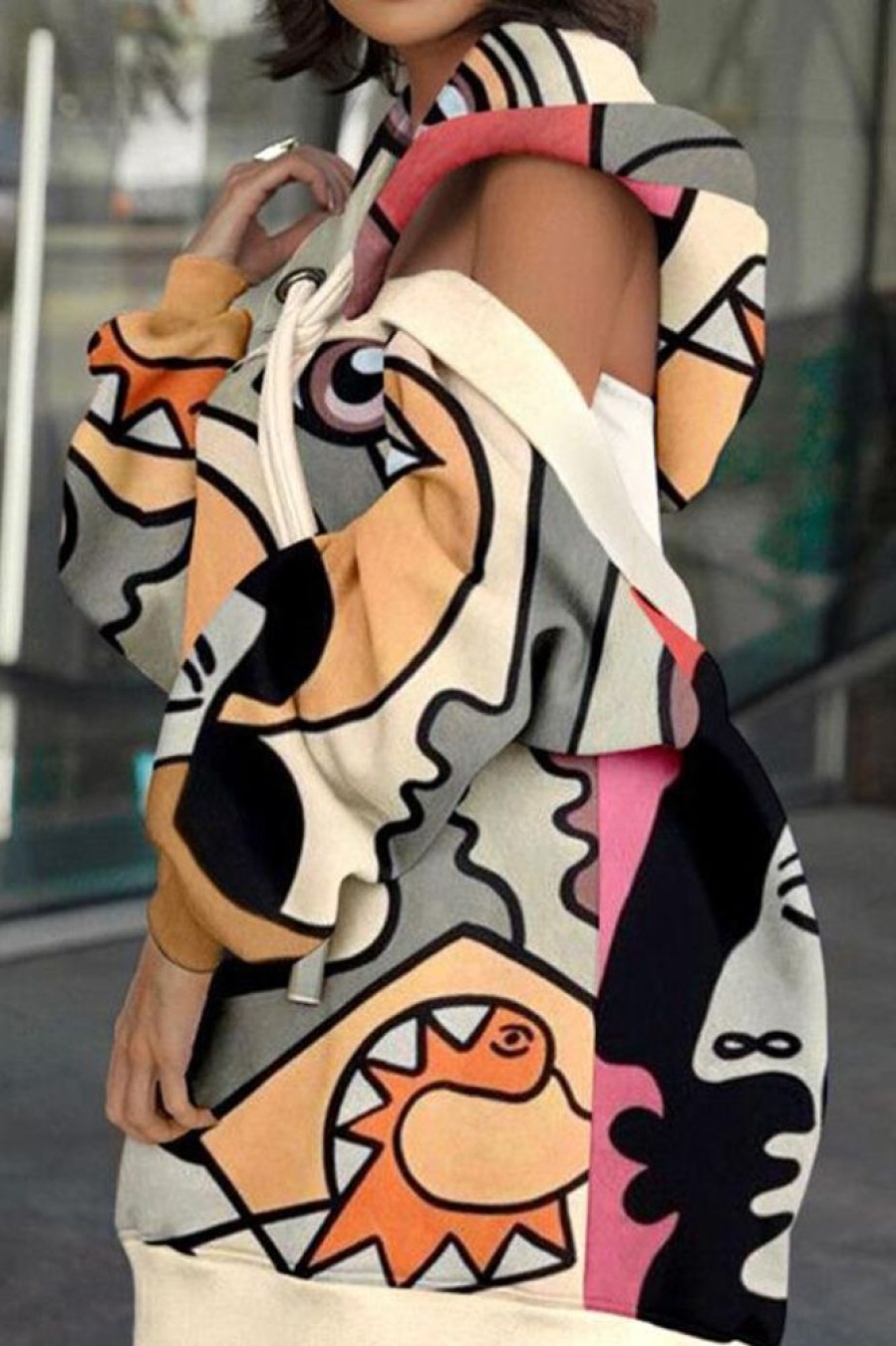 Dresses female | Abstract Portrait Print Hooded Sweatshirt Dress Multicolor